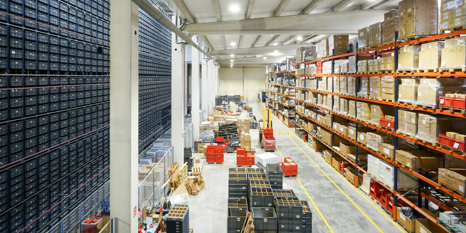 Pallets of stock in a distribution warehouse