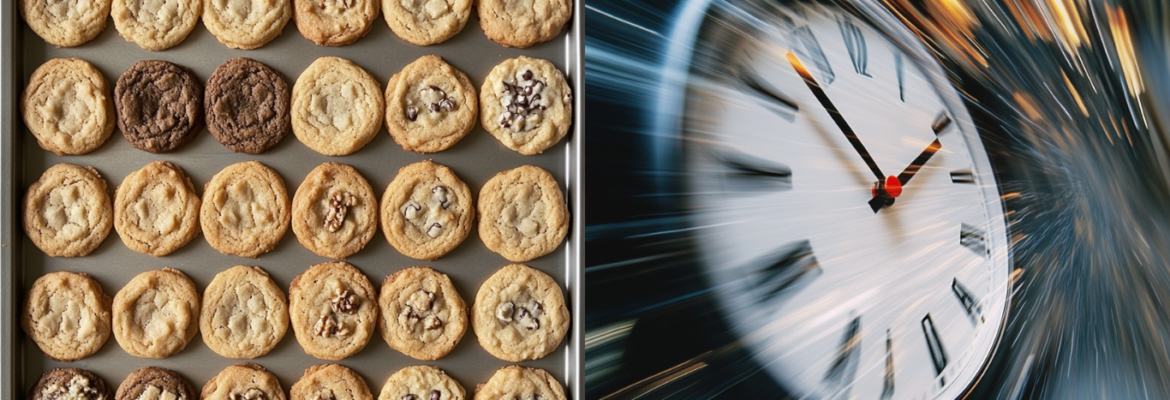 Picture showing a batch of cookies to represent batch data transfer and a clock to represent fast data transfer