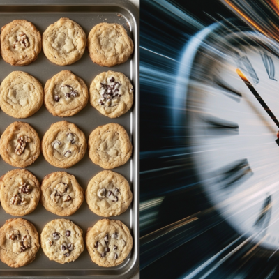 Picture showing a batch of cookies to represent batch data transfer and a clock to represent fast data transfer