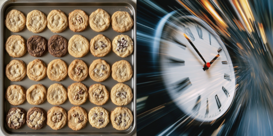 Picture showing a batch of cookies to represent batch data transfer and a clock to represent fast data transfer