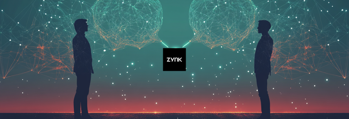 Two people stand facing each other with data webs as speech bubbles coming from each of them. Zynk logo connects the two different languages together