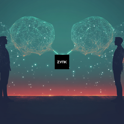 Two people stand facing each other with data webs as speech bubbles coming from each of them. Zynk logo connects the two different languages together