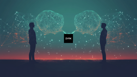 Two people stand facing each other with data webs as speech bubbles coming from each of them. Zynk logo connects the two different languages together