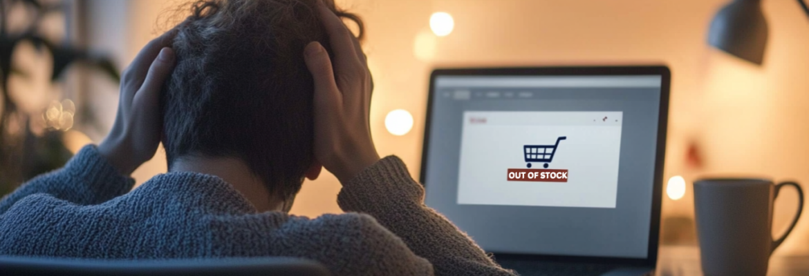 A picture of a man with his head in his hands looking at a laptop with a shopping trolley and an 'out of stock'