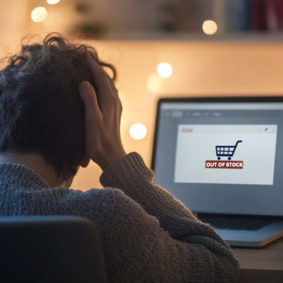 A picture of a man with his head in his hands looking at a laptop with a shopping trolley and an 'out of stock'