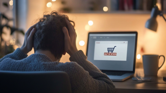 A picture of a man with his head in his hands looking at a laptop with a shopping trolley and an 'out of stock'