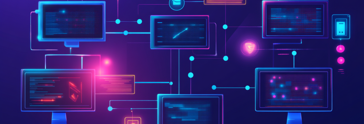 Multiple computers and monitors connected by data dots