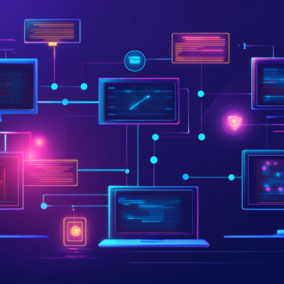 Multiple computers and monitors connected by data dots