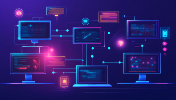 Multiple computers and monitors connected by data dots